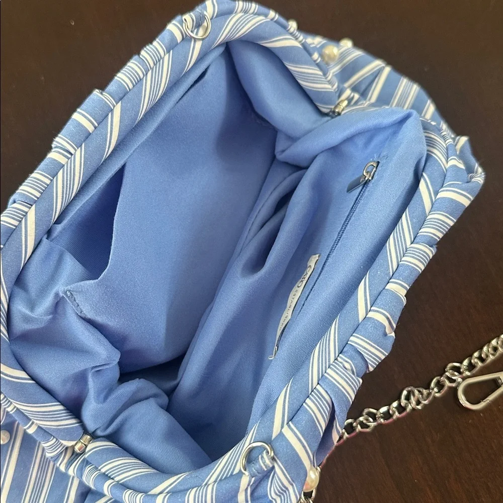 CATO Blue & White Striped Poplin with Pearls Clutch or Chain Crossbody Preppy